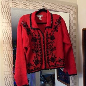 Red Cardigan with Black Floral beaded Embroidery